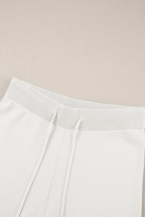 Contrast Trim Textured Knit Half Sleeve Drop Shoulder Drawstring Waist Wide Leg Two Piece Pant Set